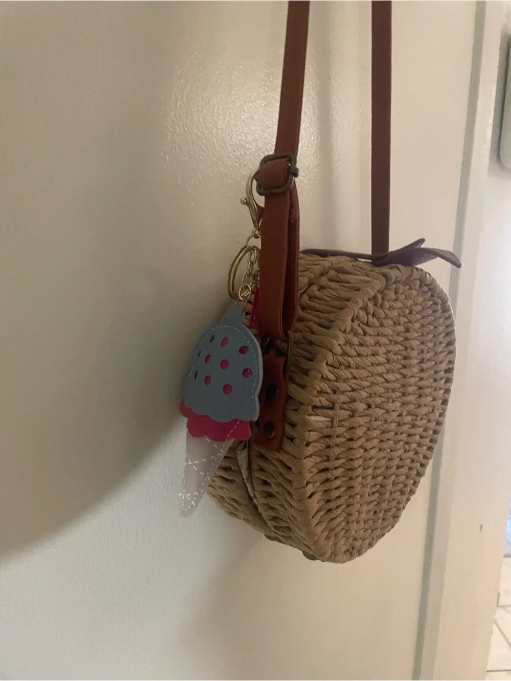 Round Woven Straw Crossbody Bag | Boho Summer Rattan Purse + Ice Cream Charm